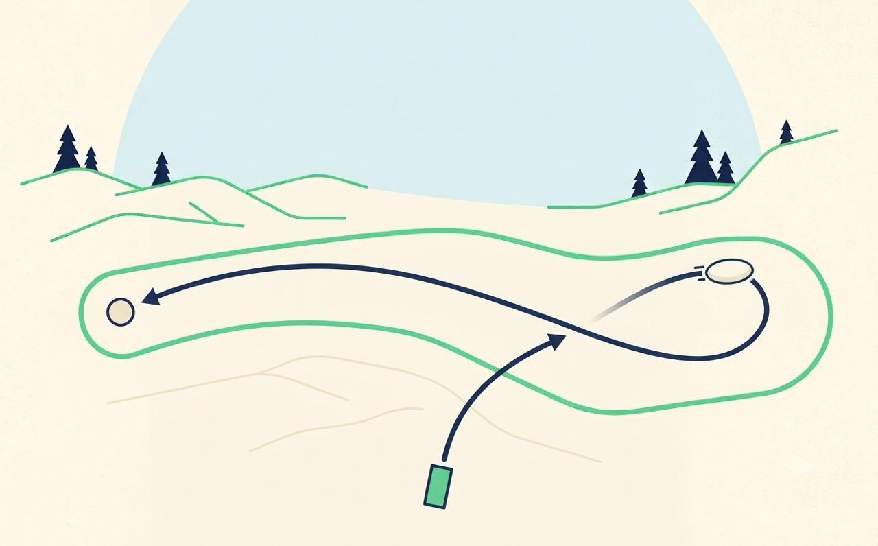 Top-down flight path diagram showing a disc fading left at the end of its flight