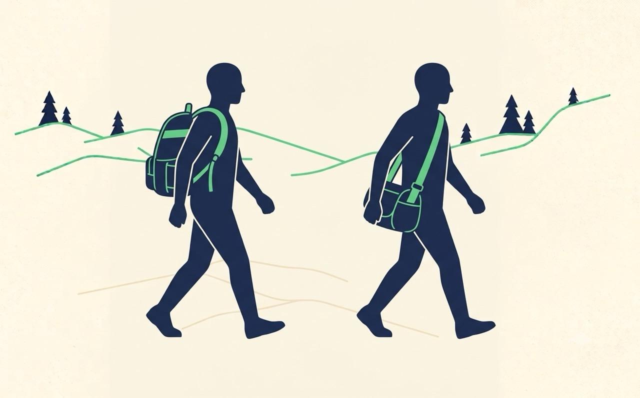Two figures wearing a backpack-style and a sling-style disc golf bag side by side