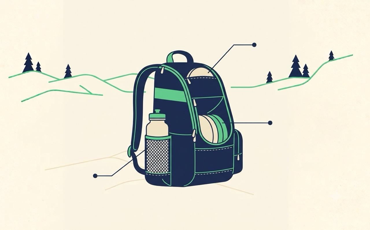 Side view of a disc golf bag labeled with disc compartment, water bottle pocket, and putter pocket