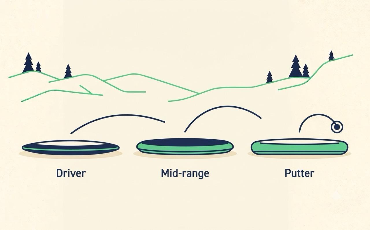 A driver, mid-range, and putter disc arranged with flight arcs showing their relative distance and stability