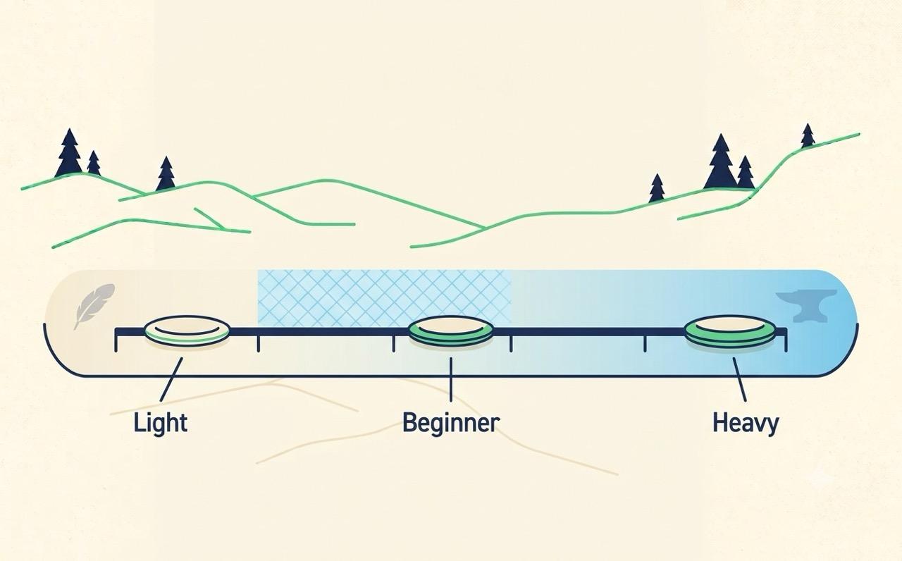 Gradient scale from light to heavy disc weight with the recommended beginner range highlighted